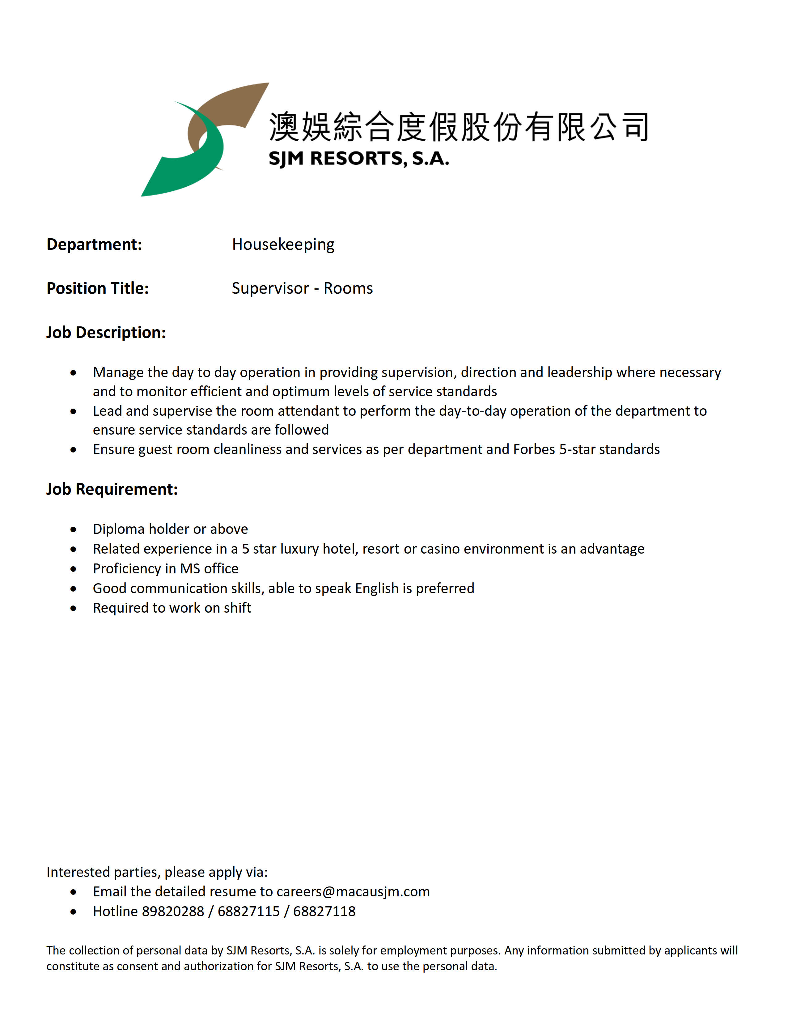 Full Time] SJM RESORTS, S.A. - Multiple positions