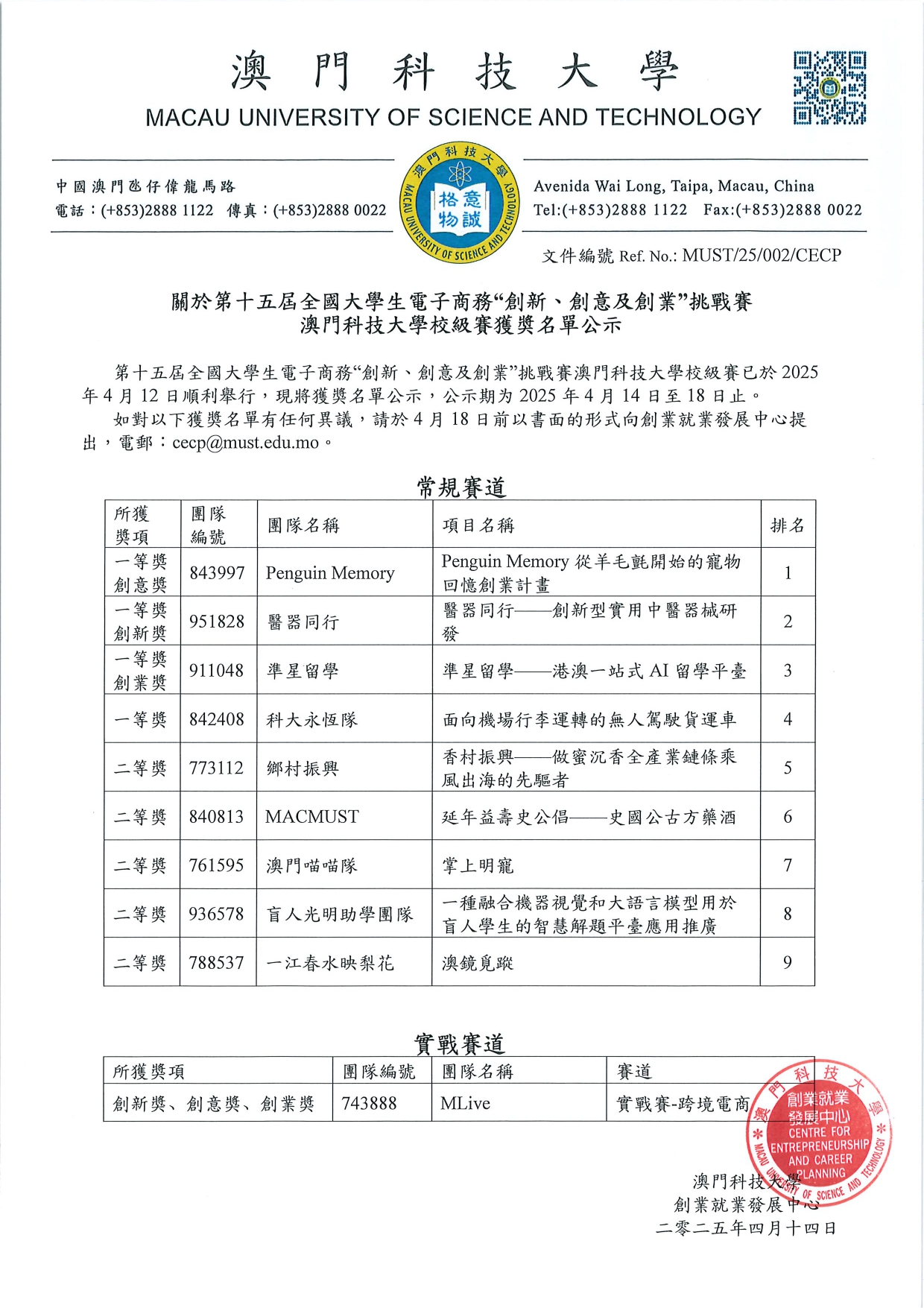 第十五屆三創賽 澳科大校級賽獲獎名單公示 已盖章 page 0001