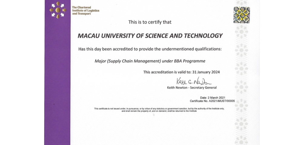 Accreditation of BBA (Supply Chain Management) by the Head quarters of Chartered Institute of Logistics and Transport (CILT) International