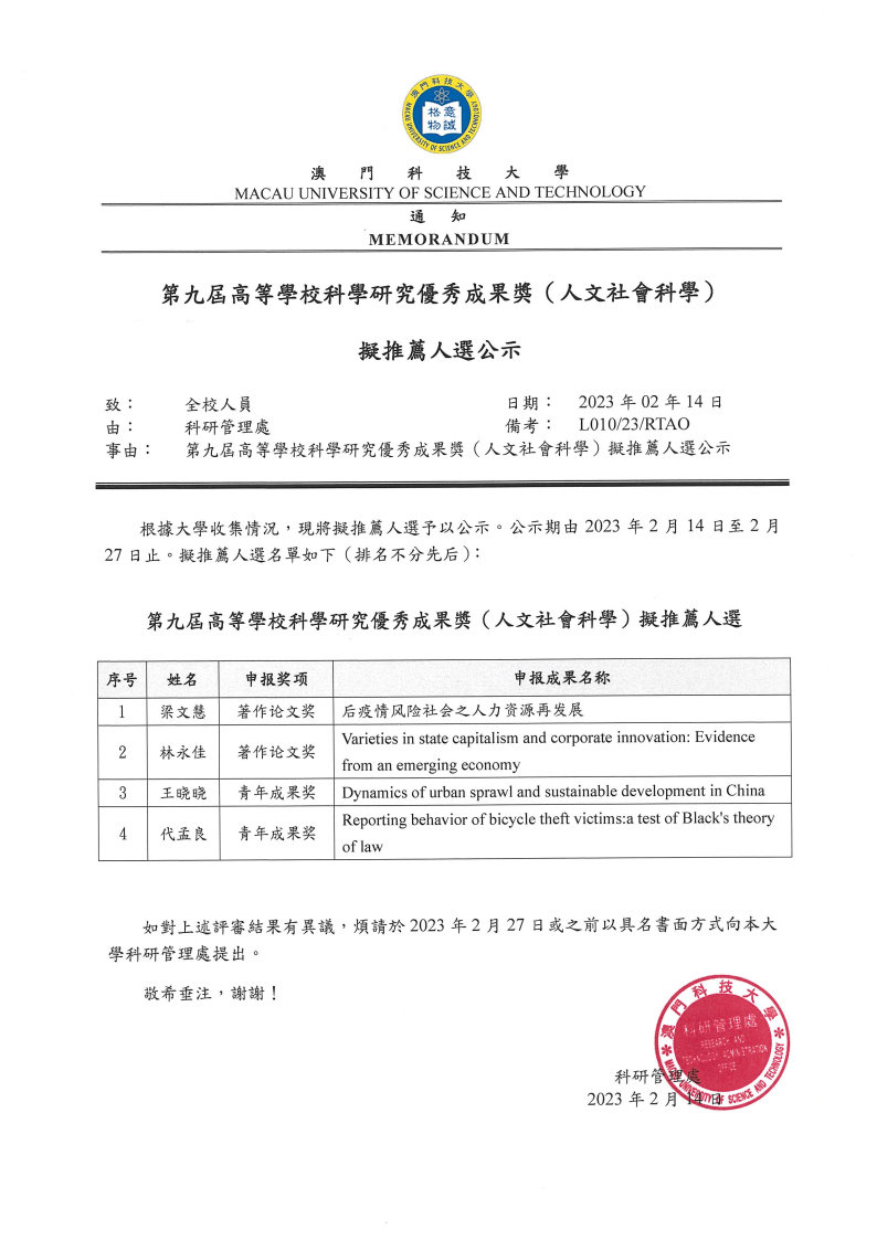 第九屆高等學校科學研究優秀成果獎人文社會科學 擬推薦人選名單