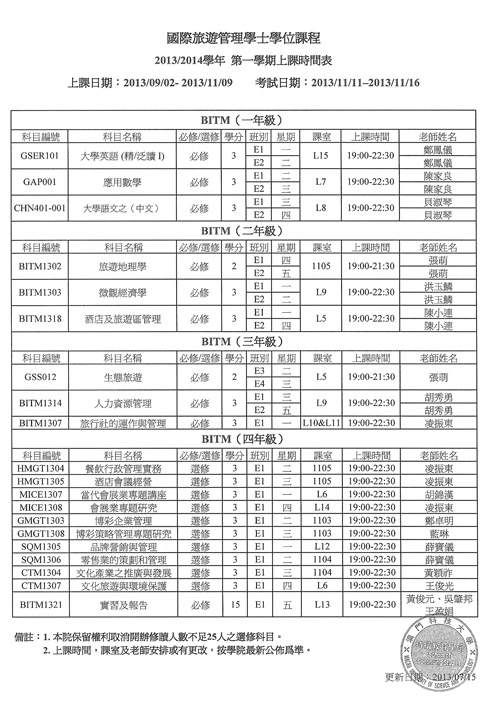 2013/2014学年第一学期课程安排