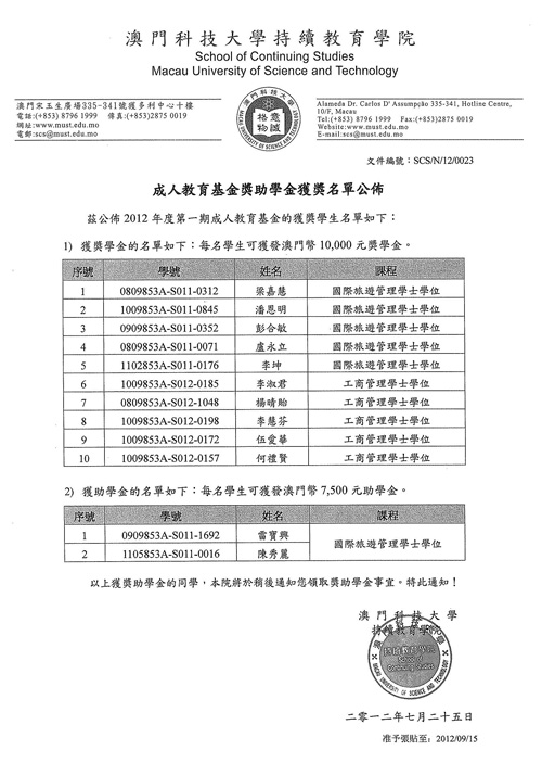 成人教育基金奖助学金获奖名单公布