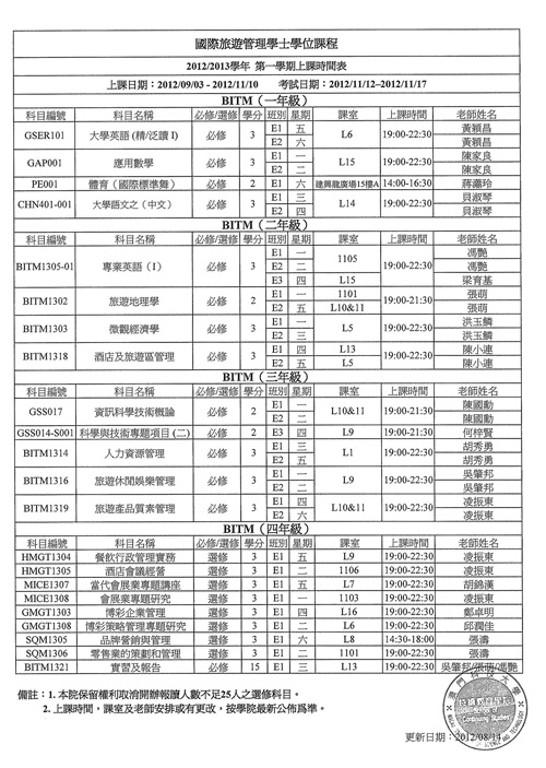 2012/2013学年第一学期（1209学期）上课时间表