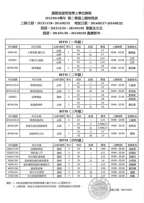 2013/2014学年第二学期课程安排